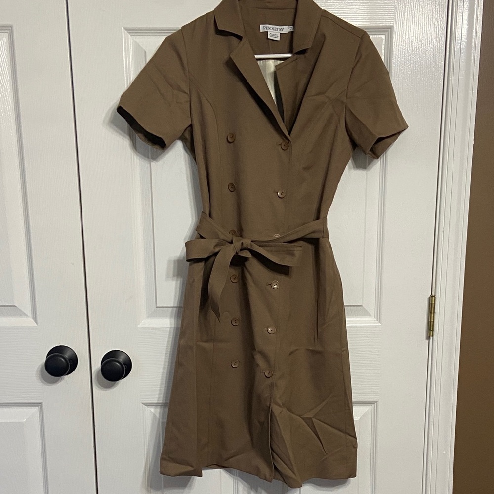 Pendleton Brown Double-Breasted Midi Shirt Dress with Tie Waist